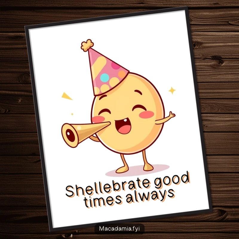 Funny Free Printable Wall Art: A macadamia nut character in a festive hat, blowing a party horn with gusto.