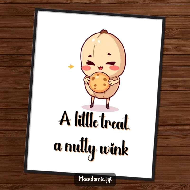 Funny Free Printable Wall Art: A macadamia nut character with a mischievous wink holds a tiny, mouth-watering cookie mid-air, ready to share.