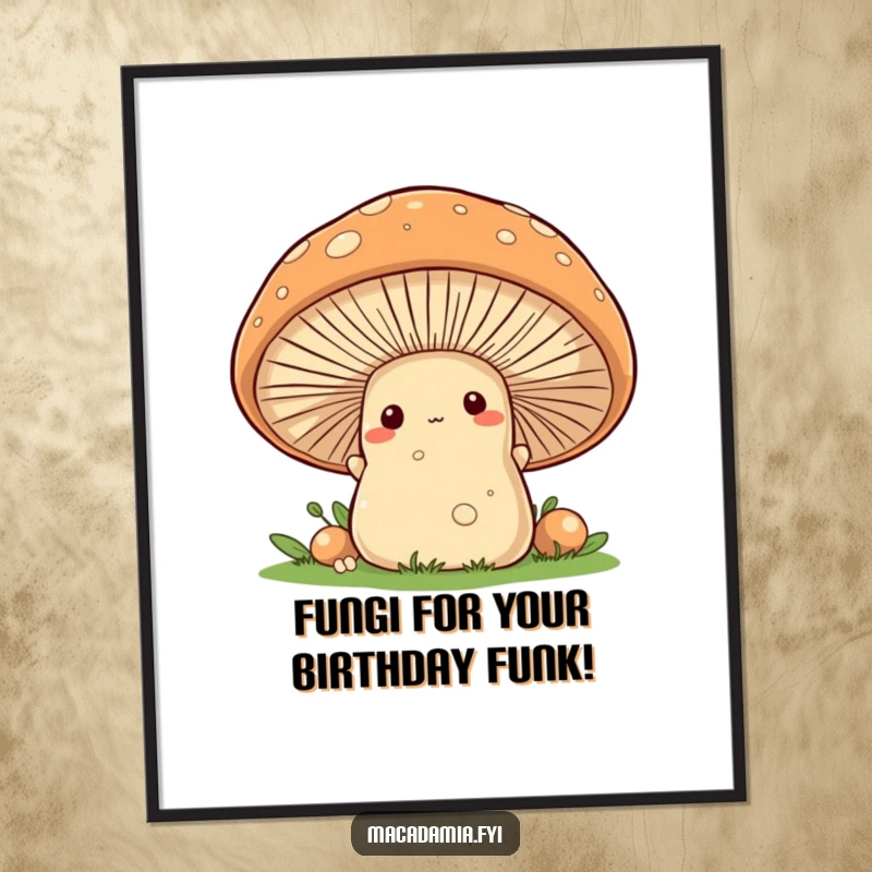 Funny Free Printable Wall Art showing a curious macadamia nut character peeking from behind an oversized, friendly mushroom, creating a sweet, whimsical scene.