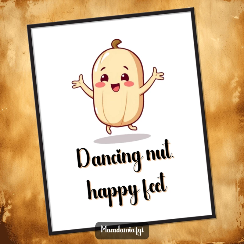 Funny Free Printable Macadamia Nut Wall Art: A macadamia nut character captured mid-dance, flailing arms joyfully in a silly celebration.
