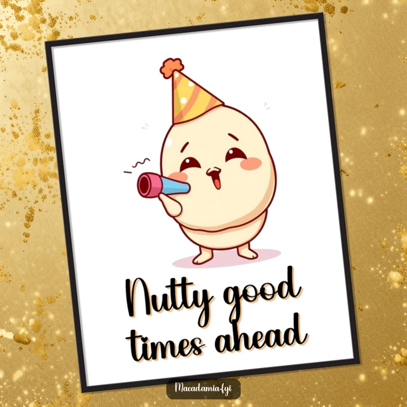 Funny free printable wall art: a macadamia nut character in a party hat, enthusiastically blowing a noisemaker, ready for a festive occasion.