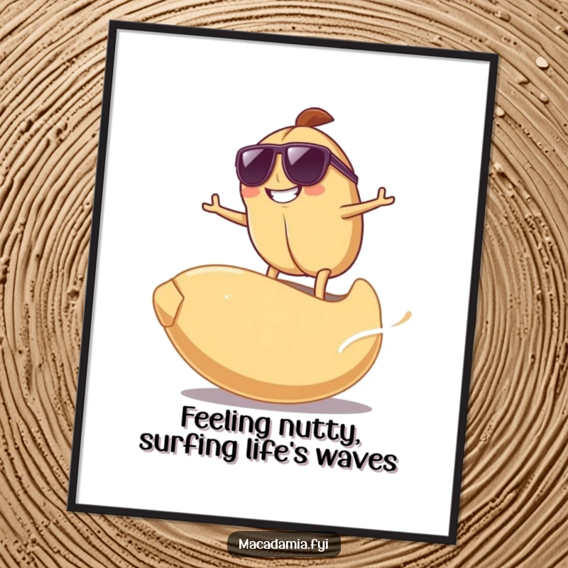 Funny Free Printable Wall Art: A macadamia nut in sunglasses surfs a giant cashew nut, grinning with ultimate cool.