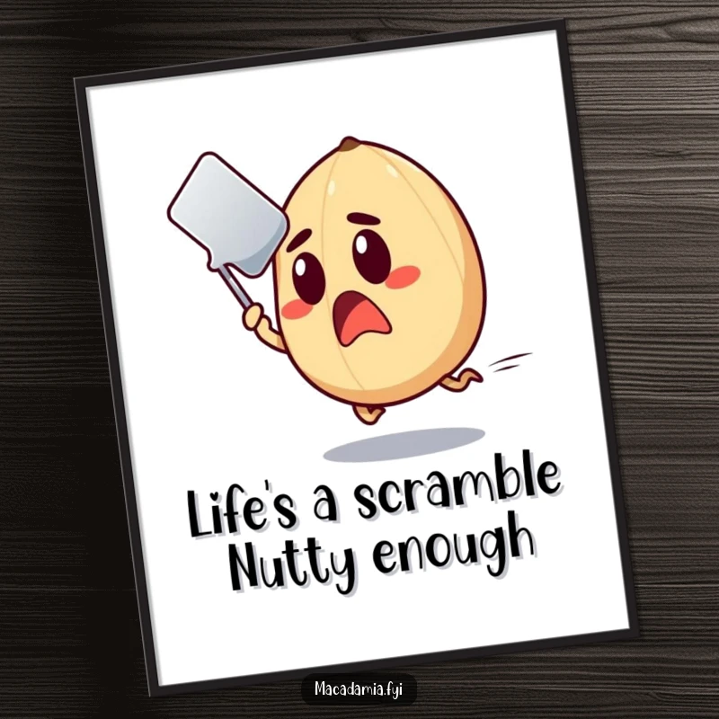 Funny Free Printable Macadamia Nut Wall Art: A surprised nut is shown dodging a flying spatula with great speed.