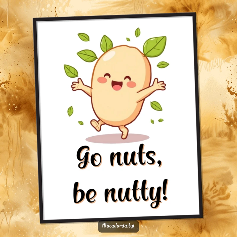 Funny Free Printable Wall Art: Delighted macadamia nut performing a cartwheel amidst spinning leaves, a joyful decoration.