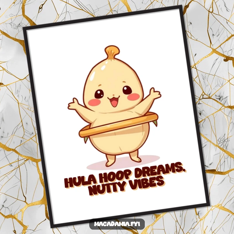 Funny free printable wall art: A joyful Kawaii macadamia nut is in motion, spinning a colorful hula hoop with a big smile.