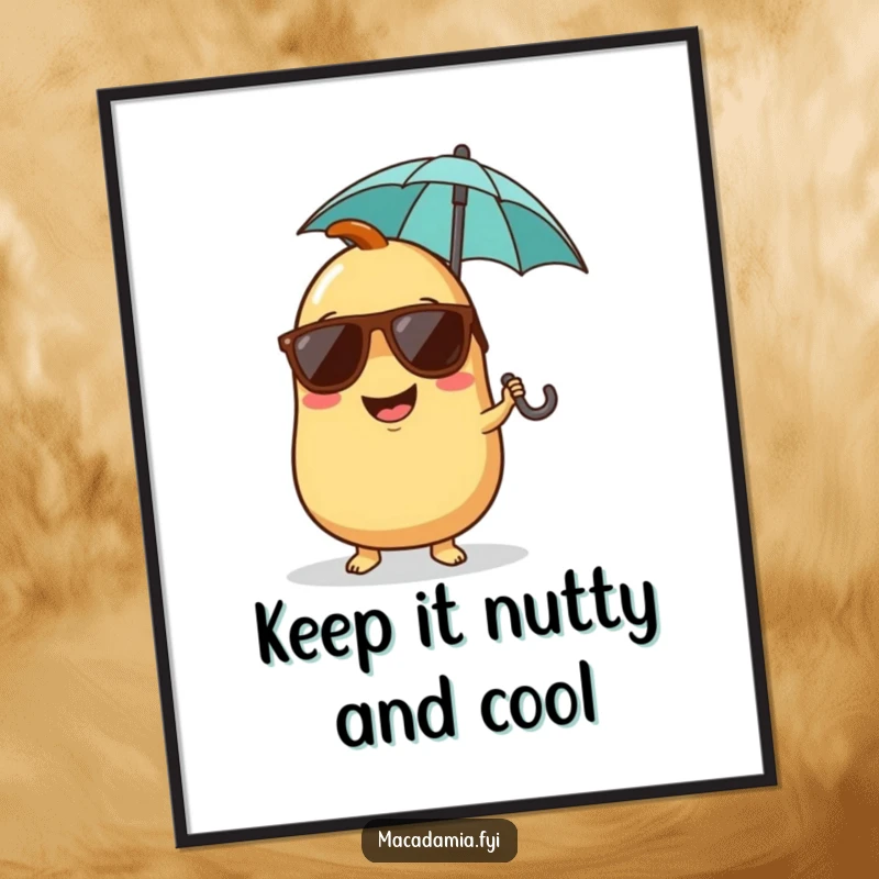 Funny Free Printable Wall Art of a giggling macadamia nut character wearing sunglasses and holding a tiny umbrella.