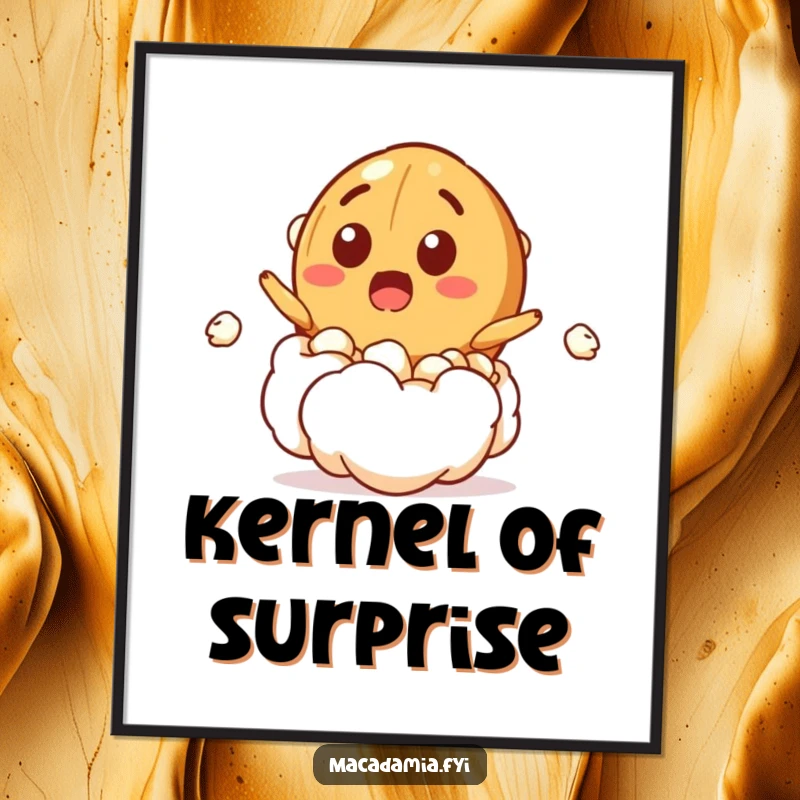 Funny Free Printable Wall Art: A macadamia nut character dramatically bursting out of a popcorn kernel with a comically surprised expression.