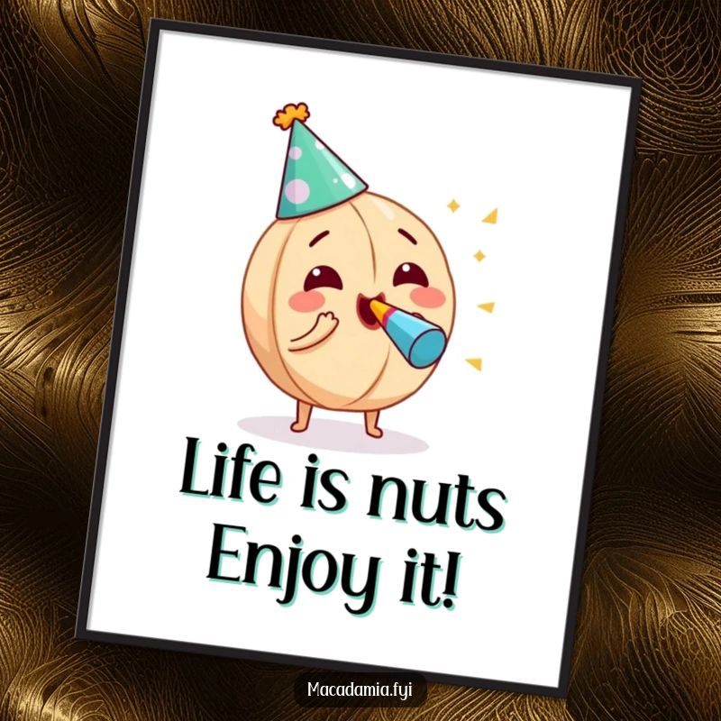 Funny Free Printable Wall Art: A macadamia nut wearing a party hat, joyfully blowing a noisemaker, celebrating life's fun.