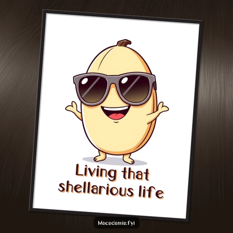 Funny free printable wall art of a macadamia nut character wearing oversized sunglasses and a silly grin, posing playfully and cool.