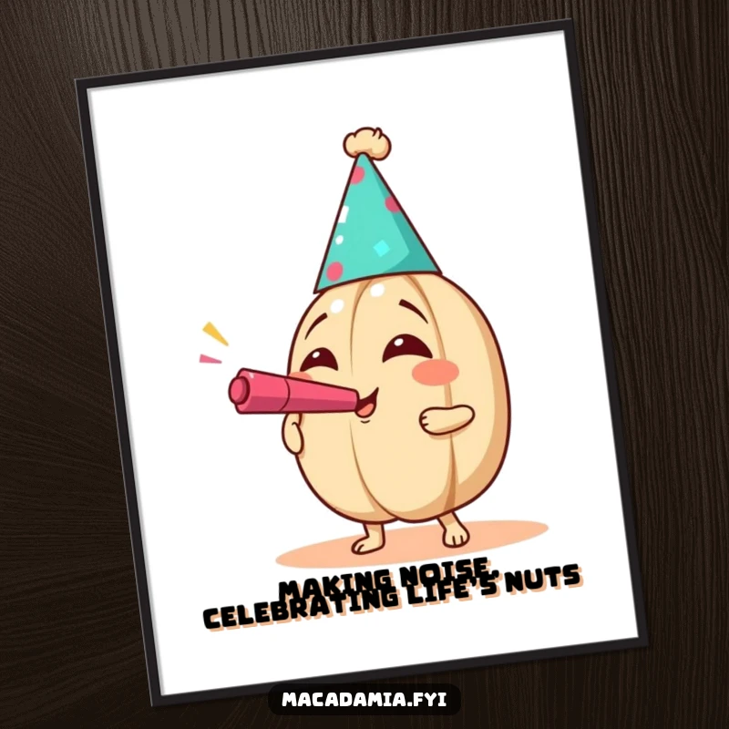 Funny Free Printable Wall Art: A macadamia nut wearing a party hat blows a noisemaker with infectious, exaggerated joy.