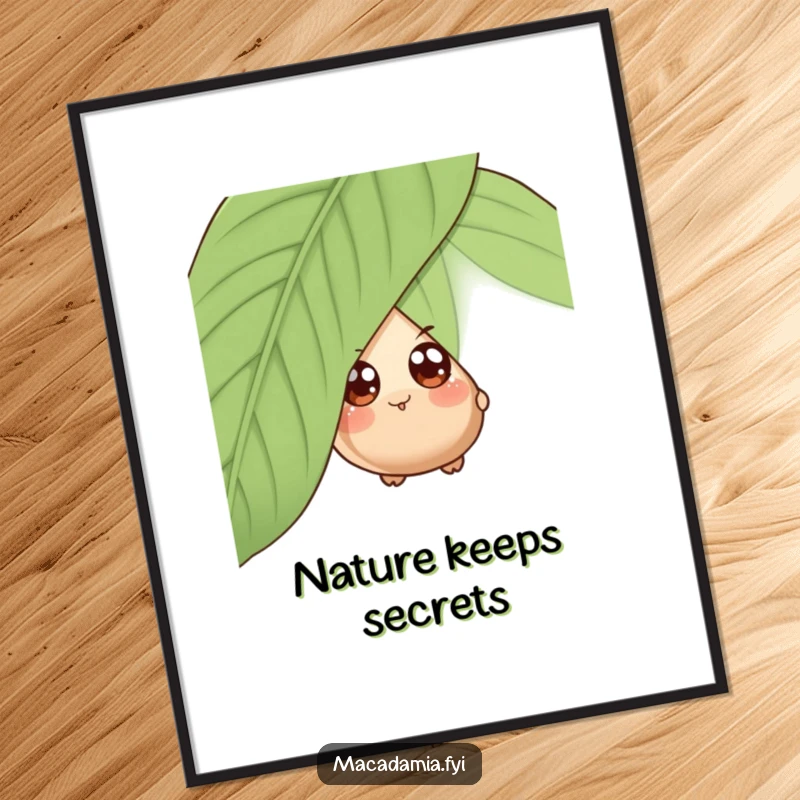 Funny Free Printable Wall Art featuring a macadamia nut with wide eyes peeking out from behind a big green leaf.