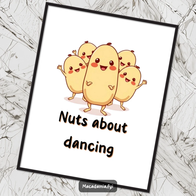 Funny Free Printable Wall Art: A group of cheerful macadamia nuts boogie down with wiggling limbs.