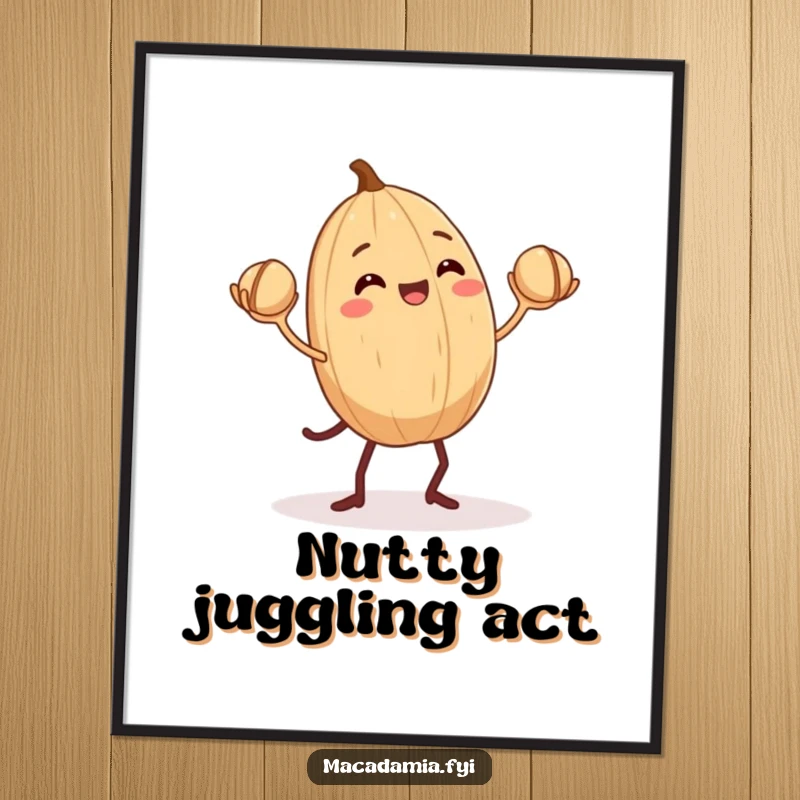 Funny Free Printable Wall Art: A macadamia nut with tiny legs expertly juggles three nuts.