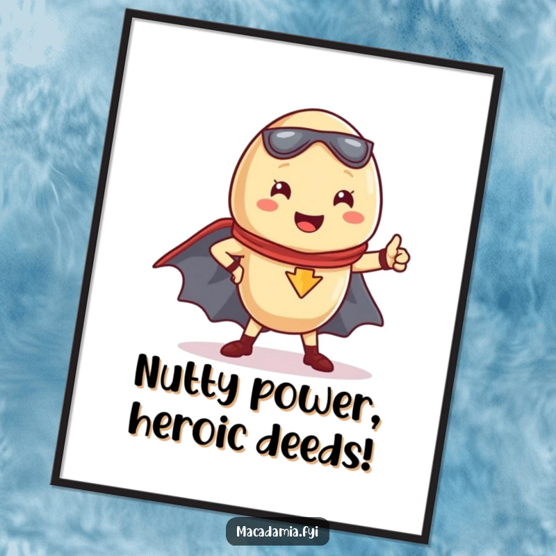 Funny Free Printable Wall Art: Kawaii macadamia nut striking a superhero pose, exuding courage and charm.