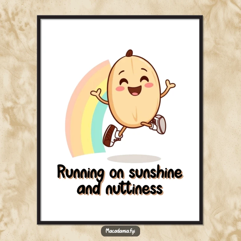 Funny Free Printable Wall Art: A smiling macadamia nut in tiny running shoes jogs gleefully across a vibrant, cheerful rainbow.