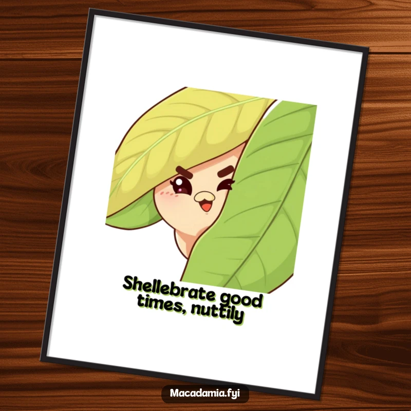 Funny Free Printable Macadamia Nut Wall Art: A cheeky nut with a mischievous wink peeking from behind a leaf.