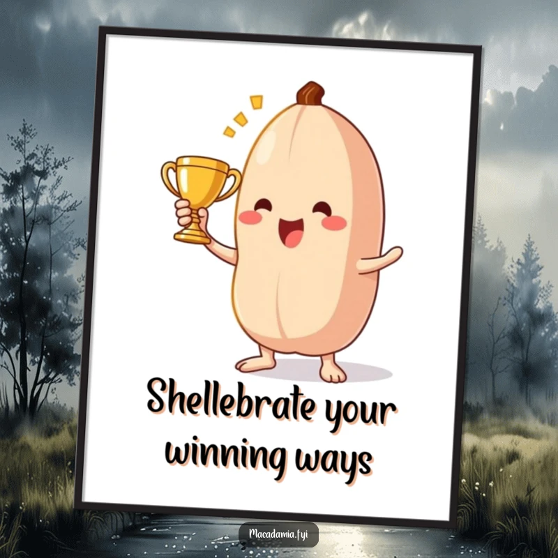 Funny free printable wall art: a macadamia nut character standing tall, triumphantly holding a small golden trophy, celebrating achievement.