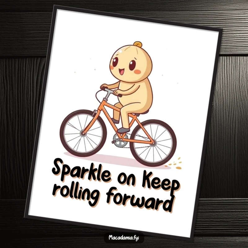 Funny Free Printable Wall Art showcasing a macadamia nut character cycling swiftly, leaving a shimmering trail of sparkles, adding whimsical energy.