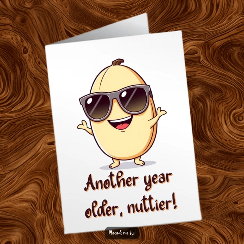 Funny free printable birthday card of a macadamia nut character wearing oversized sunglasses with a silly grin, posing playfully.