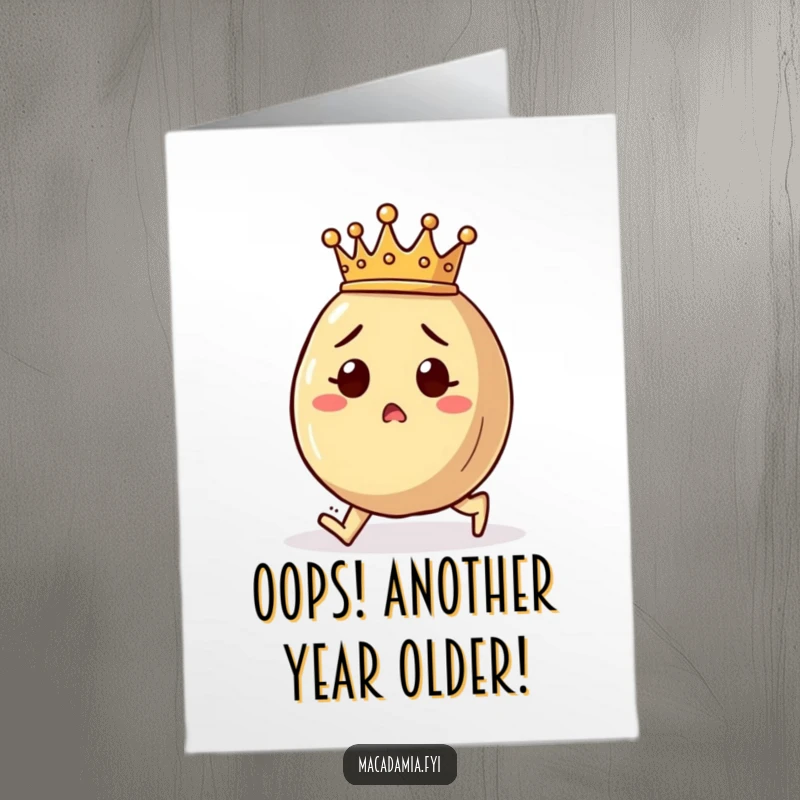 Funny Free Printable Birthday Card: A crowned macadamia nut comically trips, eyes wide with surprise.