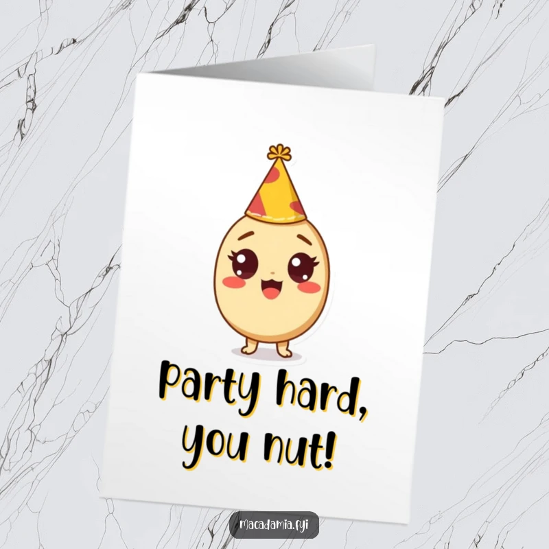 Funny Free Printable Birthday Card: Macadamia nut character with wide, excited eyes and a small party hat, bursting with birthday cheer.