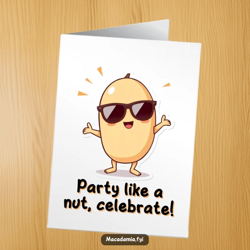 Funny Free Printable Birthday Card: Kawaii macadamia nut dances energetically in sunglasses.