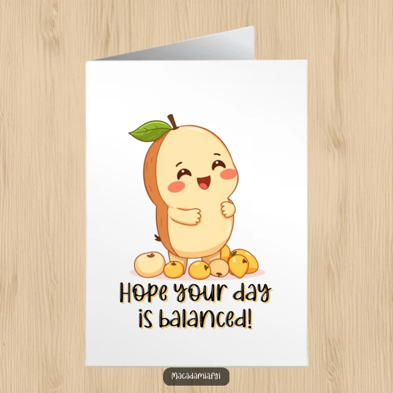 Funny Free Printable Birthday Card: Macadamia nut giggling while precariously balancing a tall stack of tiny colorful fruits.