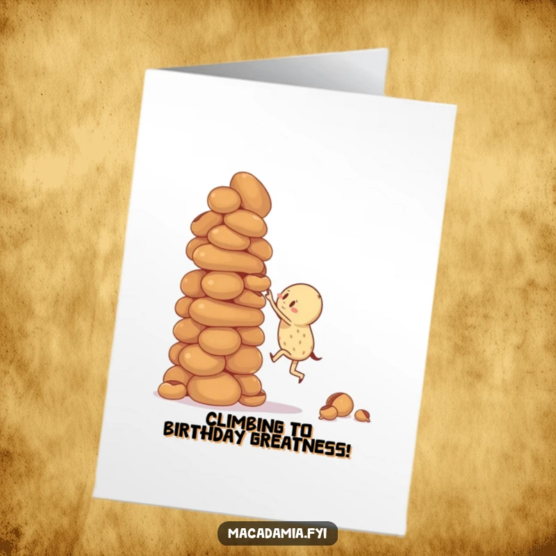 Funny Free Printable Birthday Card: Macadamia nut character attempting to scale a large, unstable stack of macadamia nuts, striving upwards.