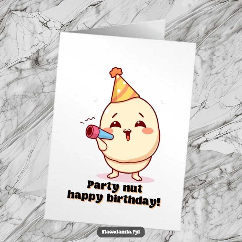 Funny free printable birthday card: a macadamia nut character in a party hat excitedly blows a noisemaker, celebrating with gusto.