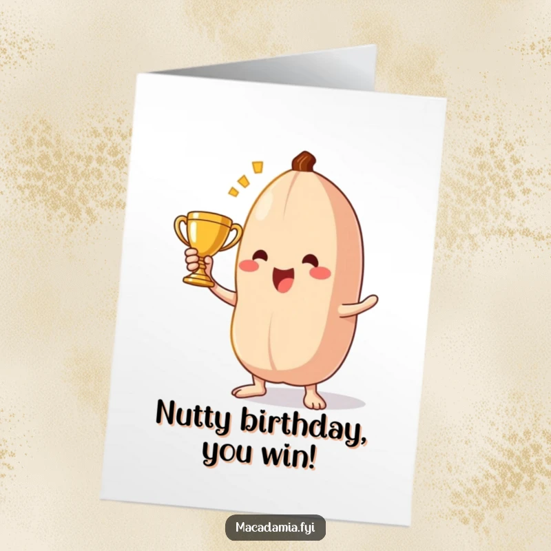 Funny free printable birthday card: a macadamia nut character stands triumphantly, holding up a tiny, shiny trophy with a winning smile.