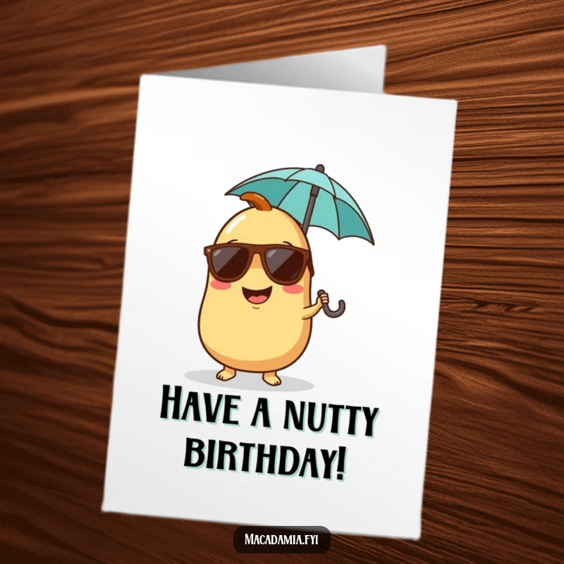 Funny Free Printable Birthday Card of a giggling macadamia nut with sunglasses and an umbrella, ready for fun.