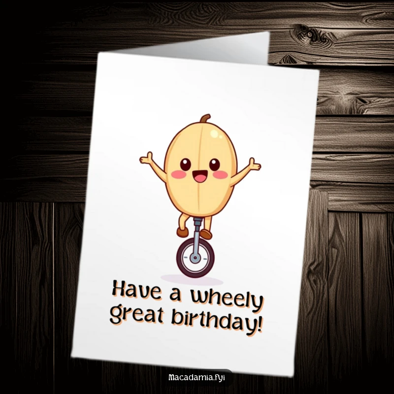 Funny Free Printable Birthday Card: A joyful macadamia nut riding a unicycle with arms outstretched, full of excitement.