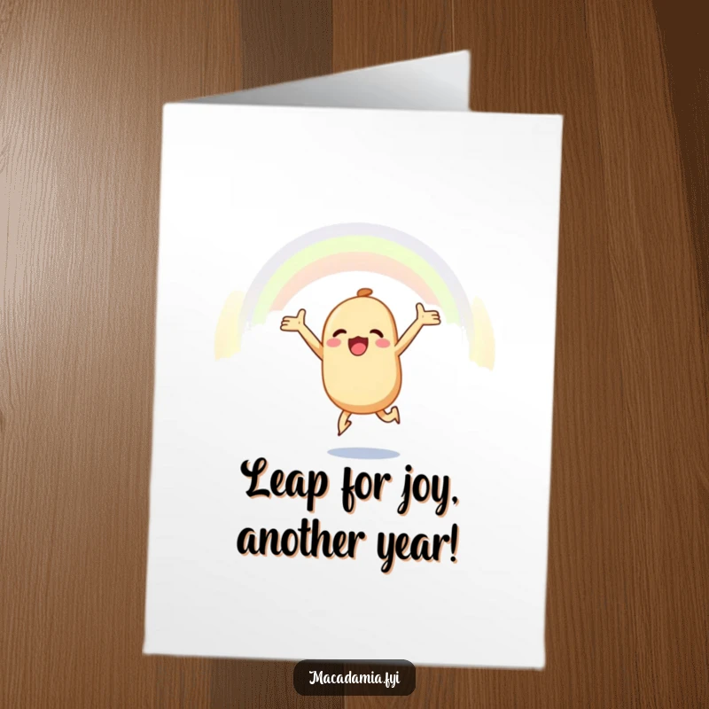 Funny Free Printable Birthday Card: Macadamia nut leaping joyfully, arms outstretched, reaching for a vibrant rainbow.
