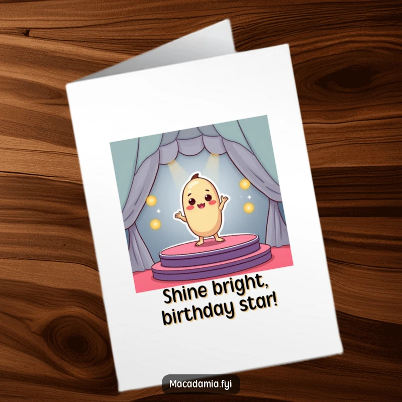 Funny Free Printable Birthday Card: Macadamia nut character striking a dramatic pose center stage on a colorful, tiny platform.
