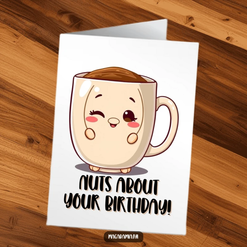 Funny Free Printable Birthday Card: A macadamia nut character peeking from behind a huge coffee mug, giving a sly wink.
