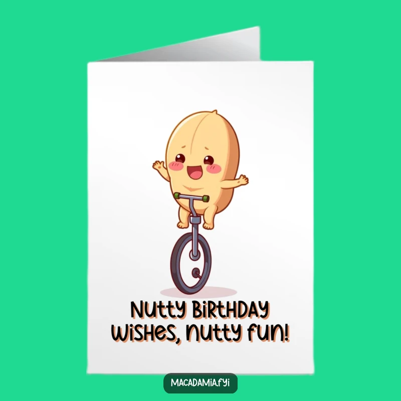 Free Printable Nutty Birthday Card: Funny Macadamia Unicycle Joy Downloadable Gift