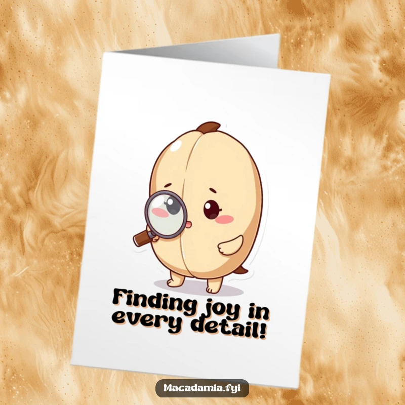 Funny Free Printable Birthday Card featuring a macadamia nut character intently inspecting a tiny detail with a large magnifying glass, looking very focused.