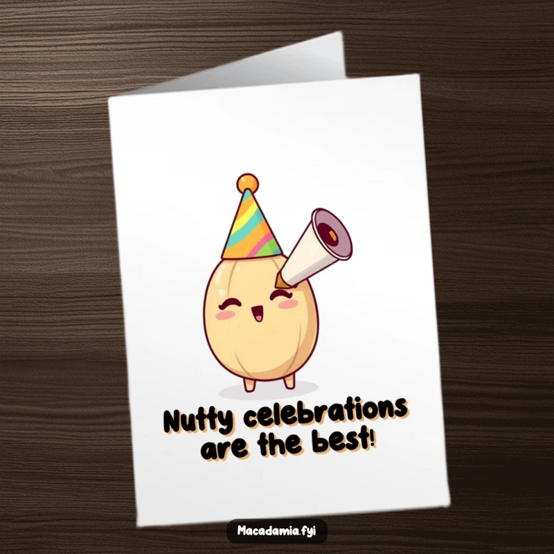 Funny Free Printable Birthday Card: Cheerful macadamia nut in party hat blows huge horn, spreading birthday cheer. A downloadable delight.