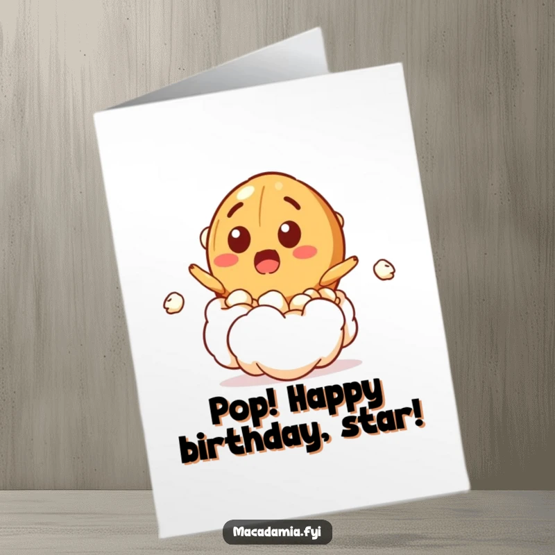 Funny Free Printable Birthday Card: A macadamia nut character bursting out of a popcorn kernel with a huge surprised grin.