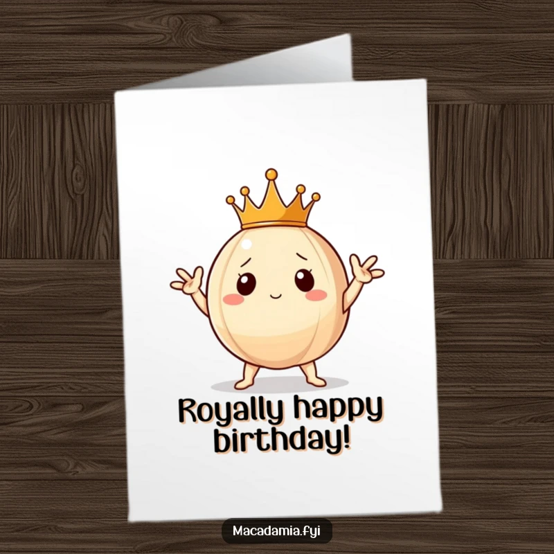 Funny Free Printable Birthday Card of a macadamia nut wearing a tiny crown, striking a majestic, dramatic pose.