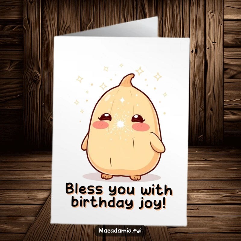 Funny Free Printable Birthday Card featuring a macadamia nut character sneezing a cloud of glittery sparkle dust with a goofy expression.