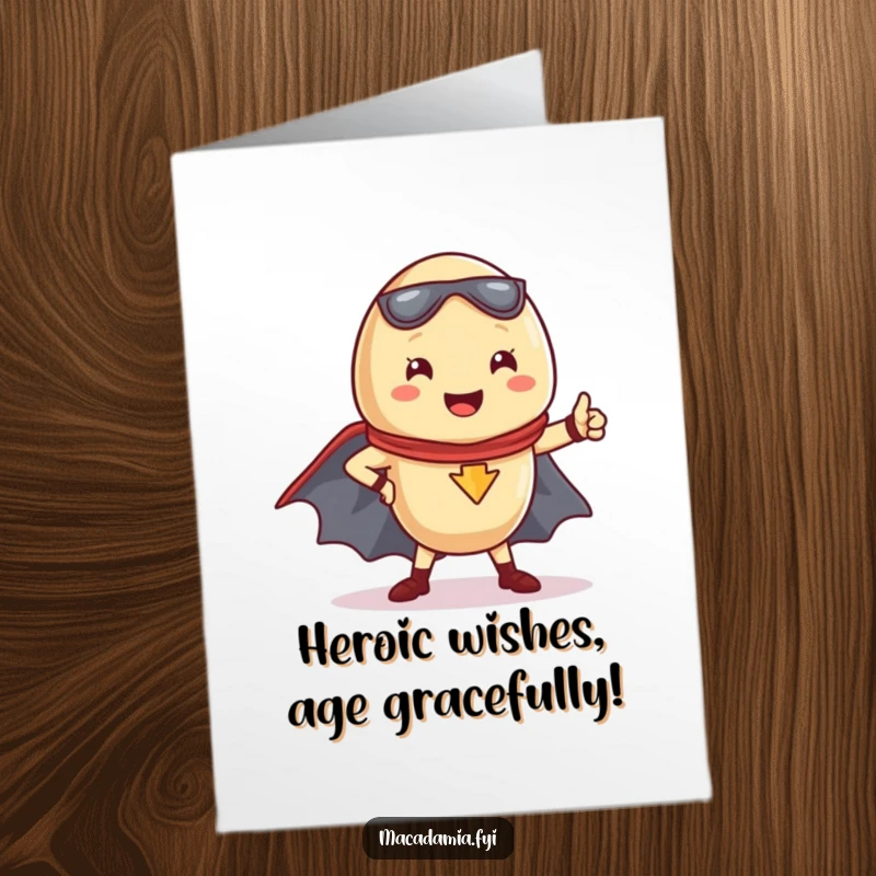 Funny Free Printable Birthday Card: Kawaii macadamia nut in superhero pose with cape, ready to save the day.