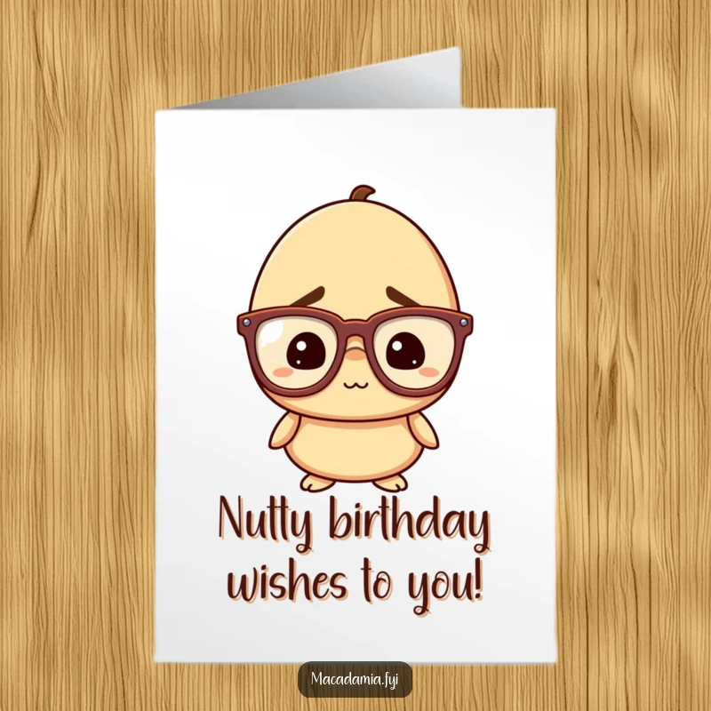 Funny Free Printable Macadamia Nut Birthday Card: A macadamia nut in oversized glasses, looking hilariously confused and amused.