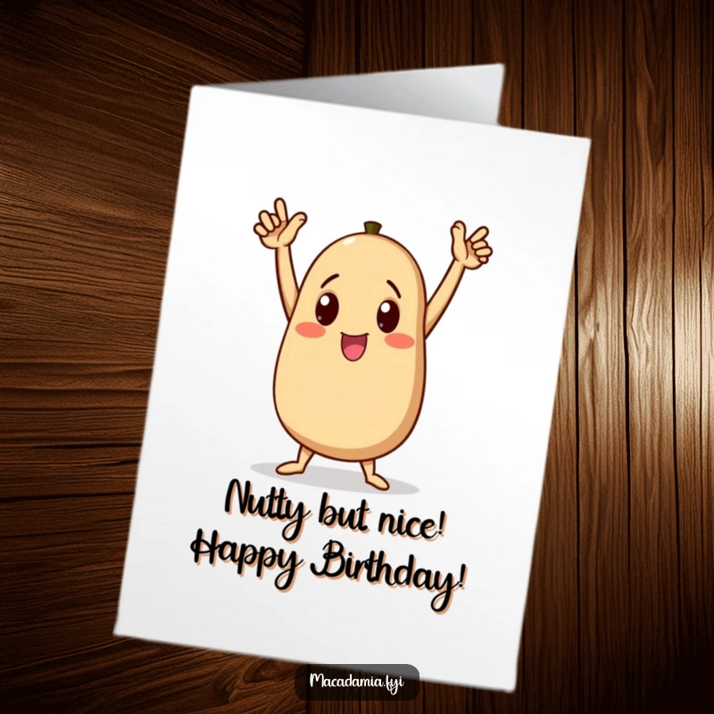 Funny Free Printable Birthday Card featuring a macadamia nut character doing a triumphant dance with arms raised high, celebrating joyfully.