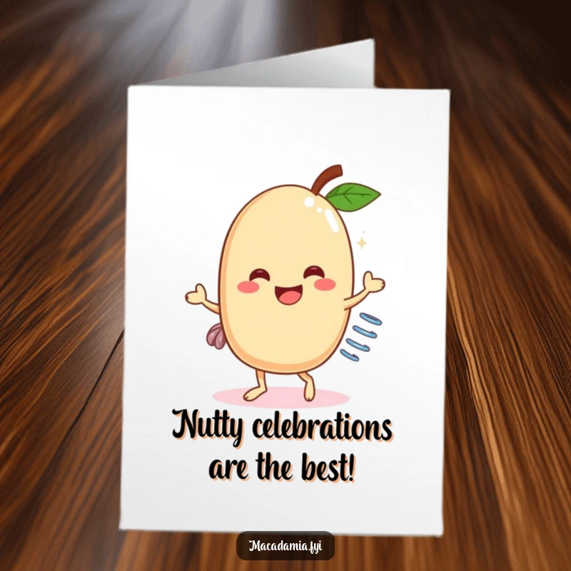 Funny Free Printable Birthday Card: A joyful macadamia nut springs with delight, dancing energetically for a hilarious celebration.