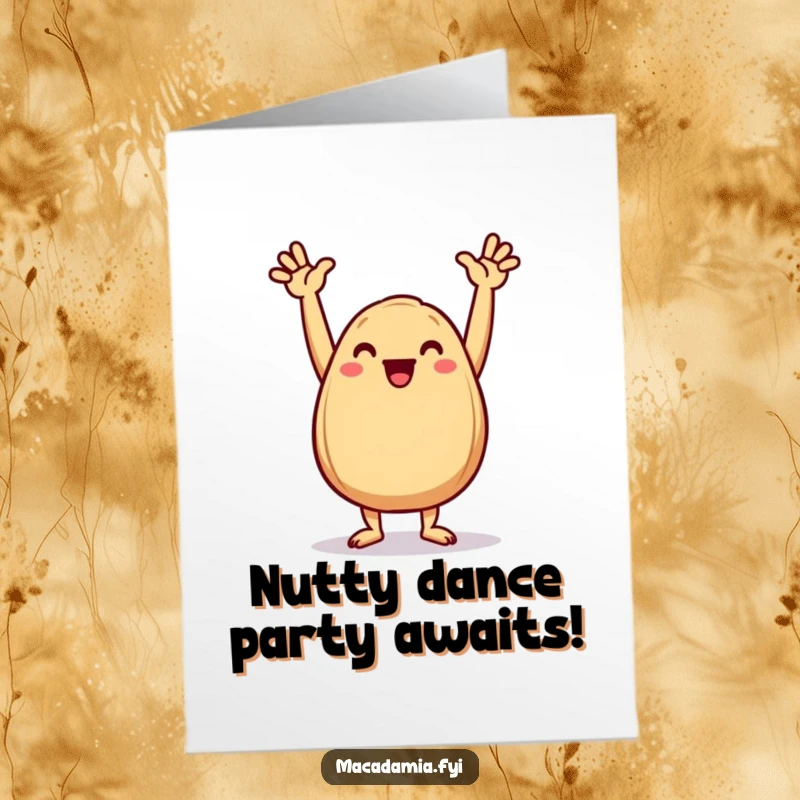 Funny Free Printable Macadamia Nut Birthday Card: A happy nut strikes a triumphant dance pose with arms raised high.