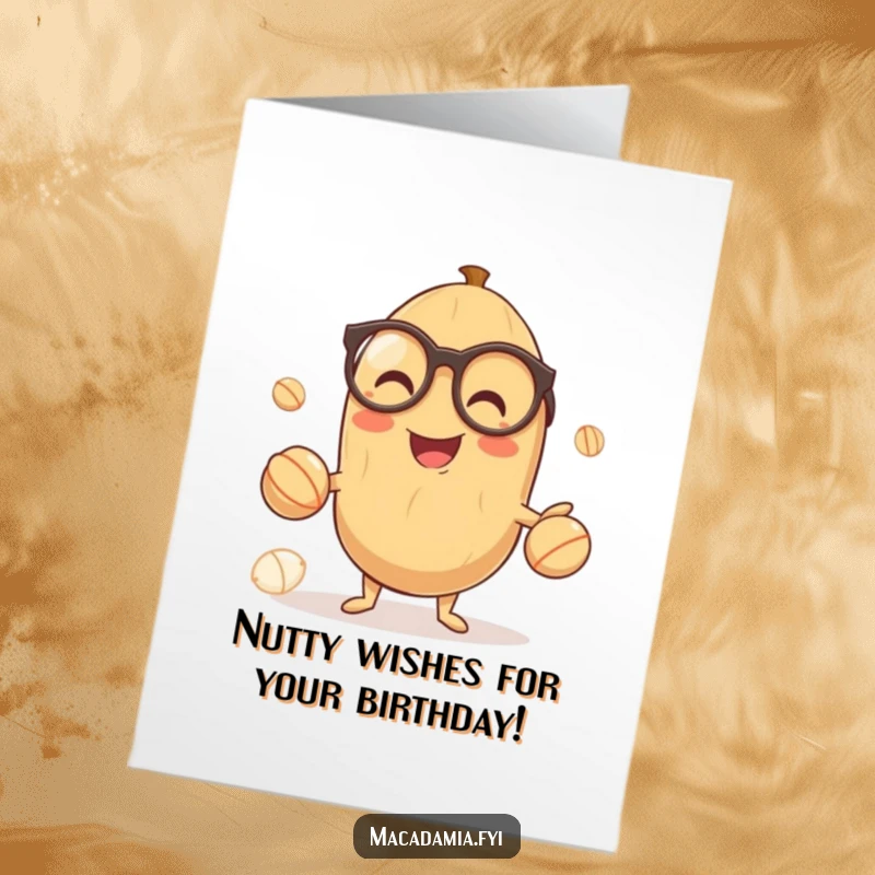Funny Free Printable Birthday Card: A smiling macadamia nut with glasses gleefully juggling smaller nuts, full of cheer.