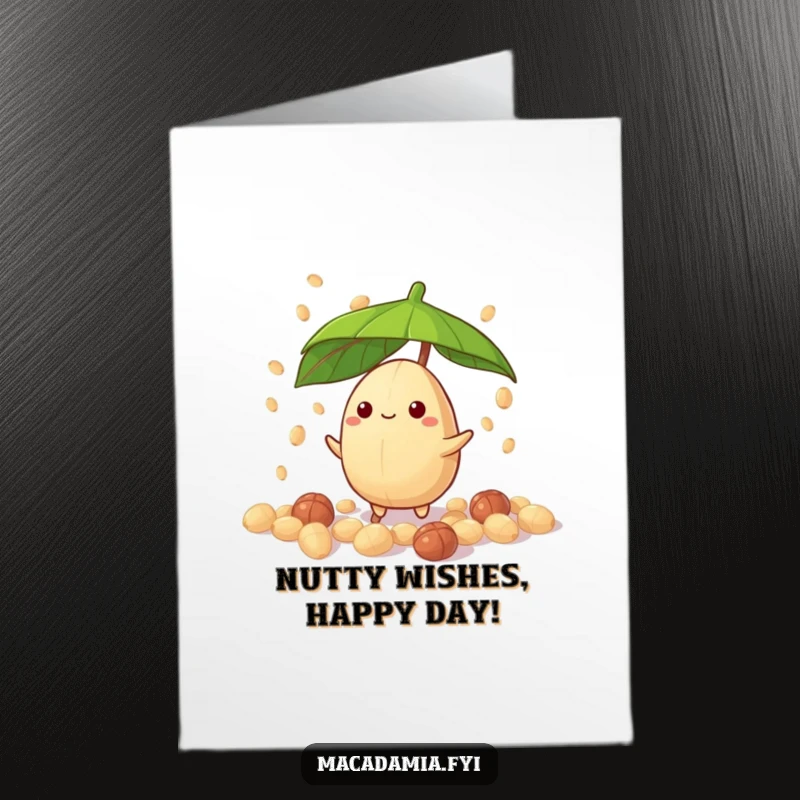 Funny Free Printable Birthday Card: Macadamia nut character shielding from candy nut rain under a leaf umbrella.