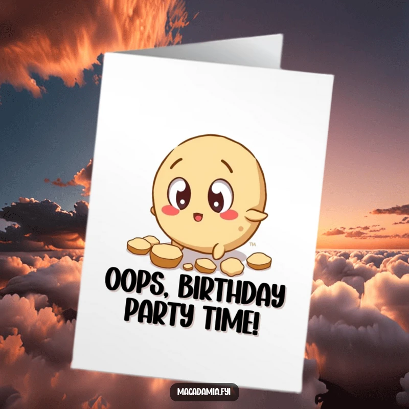 Funny Free Printable Birthday Card: Wide-eyed macadamia nut trips, shells fly everywhere.