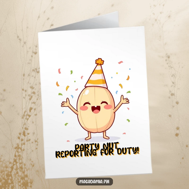 Funny Free Printable Birthday Card: A macadamia nut in a party hat gleefully tosses confetti with its little limbs.